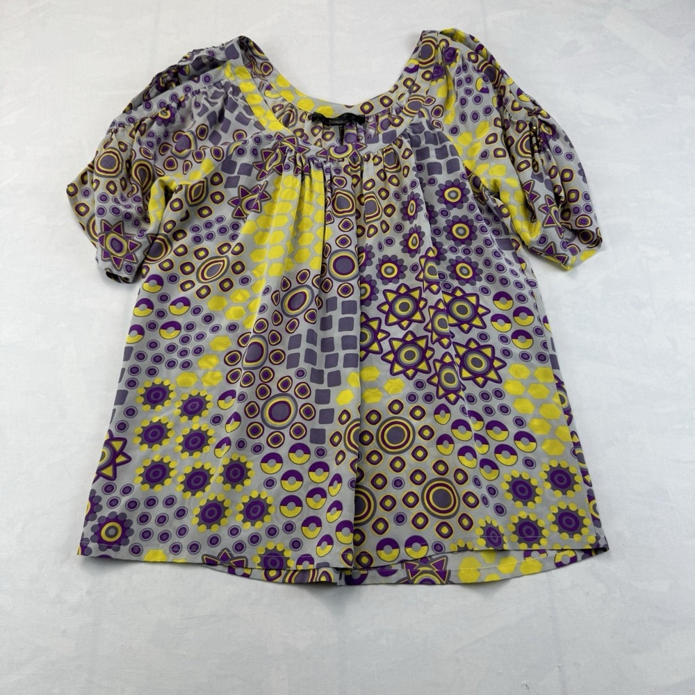 Ya-Da 100% Silk Boho Peasant Blouse Women's Small Geometric Print Puff Sleeve